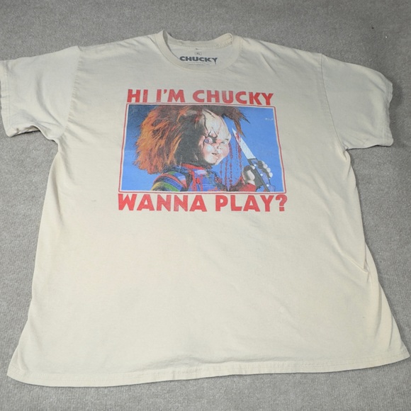 Chucky Graphic Shirt Men’s Tan XL Thrashed Halloween Retro 80s Voodoo Horror - Picture 1 of 7